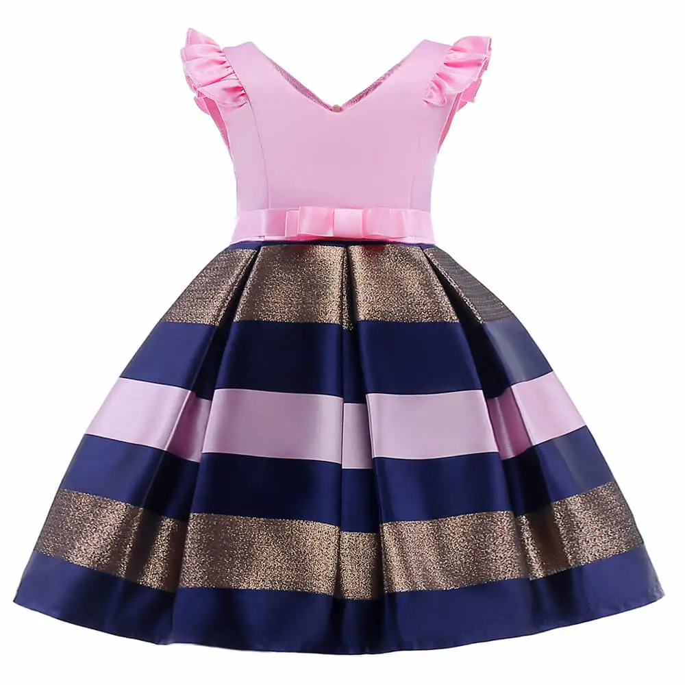 
Cute Lovely Ruffle Plain Stripe Applique Design Rainbow Swing Princess Flare Sleeve Little Baby Girl Dresses Kids Clothing 