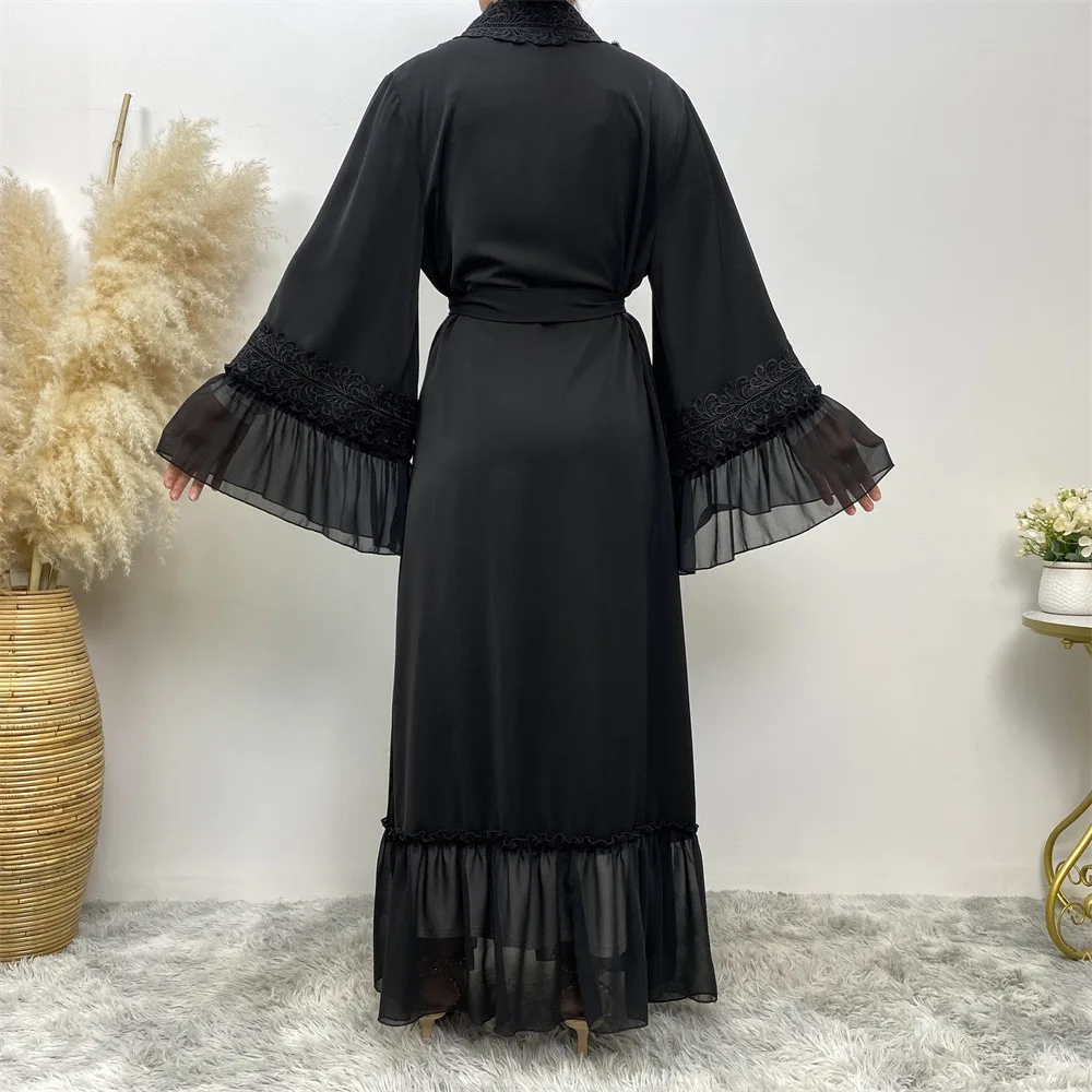 2024 Wholesale Muslim IslamicDubai New Plain Black Clothing Dress Abaya Muslim Women Lace Embroidered Edge Maxi Dress With Rope