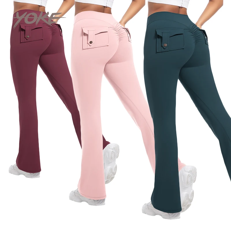 YK Women High Waist Yoga Flare Pants Lady Scrunch Butt Custom Logo Gym Fitness Leggings With Pockets Flare Leggings
