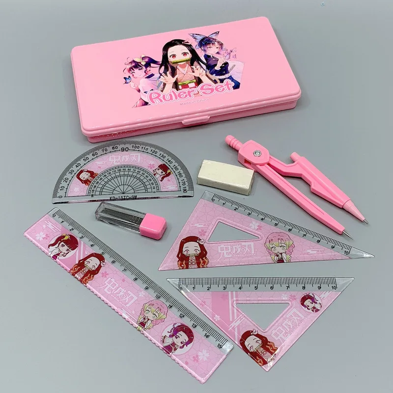 
Cartoon Student Drawing Stationery Set Box Compasses Ruler Eraser Portable 7-piece Set Factory Direct Sales 