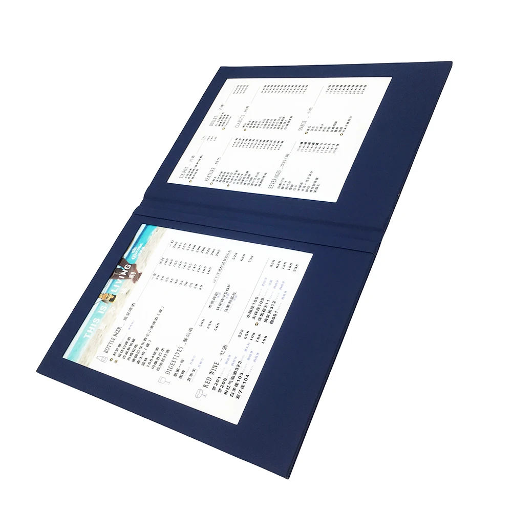 A4 restaurant wireless electronic menu light up menu for restaurant made in navy blue PU with emboss logos