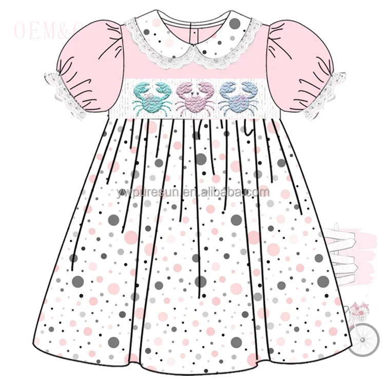 Hot sale boutique design beach clothing crab smocked French Knot siblings set children wear wholesale baby clothes