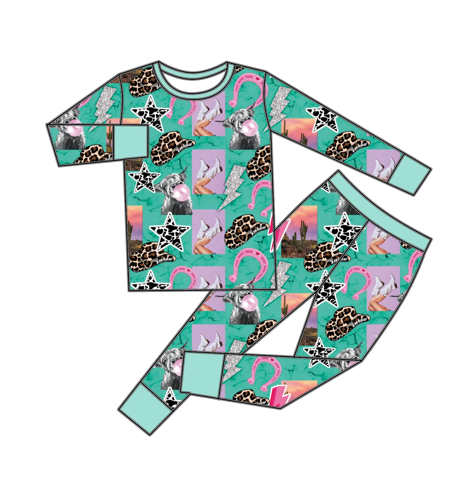 Qingli ODM  Beautiful Outfit Cowhead  Print Sleeping Suits For New Born Babies cute soft Pajamas Sets For Kids