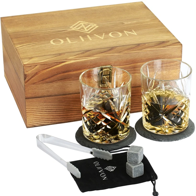 Hot Selling Vintage Creative Round Shaped Lead Free Crystal Whiskey Glass Set Wooden Gift Box For Whiskey Bourbon