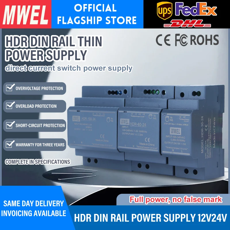 Overload Protection MWEL HDR-30-24 30W 24V 1.3A Power Monitoring Din rail 24v power supply