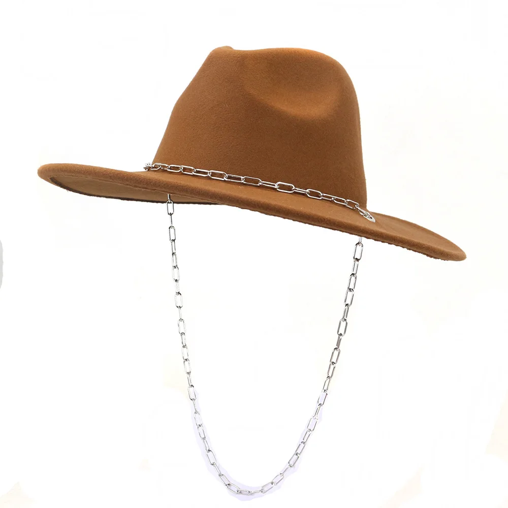 Fedora Hat Retro Felt Hat Women European Punk Chain Novelty Flat Top Hats Men Cap Street Fashion Wild Trend