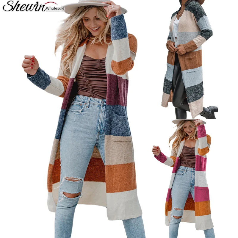 Shewin Wholesale Acrylic Colorblock Open Front Knit Fall Long Sweater Cardigan Women