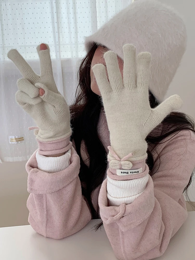 Bowknot Decoration Women Winter Warm Cashmere Glove Custom Fashion Knitted Gloves Girls Knitted Full Finger Gloves