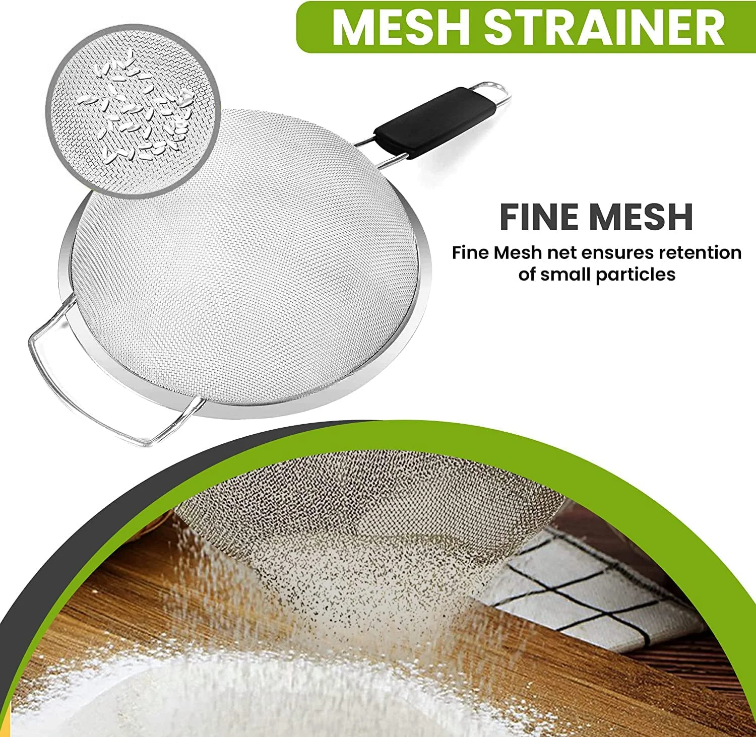 Large Fine Mesh Strainer with thermo plastic rubber handle - Sieve Fine Mesh Stainless Steel - Ideal to Strain Pasta, Quinoa and