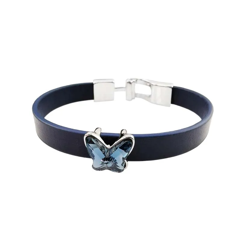 Personality Charm Fashion Black Leather Austrian Crystal Butterfly women Bracelet