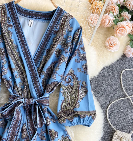 European and American INS new print long holiday skirt V neck tie waist dress women