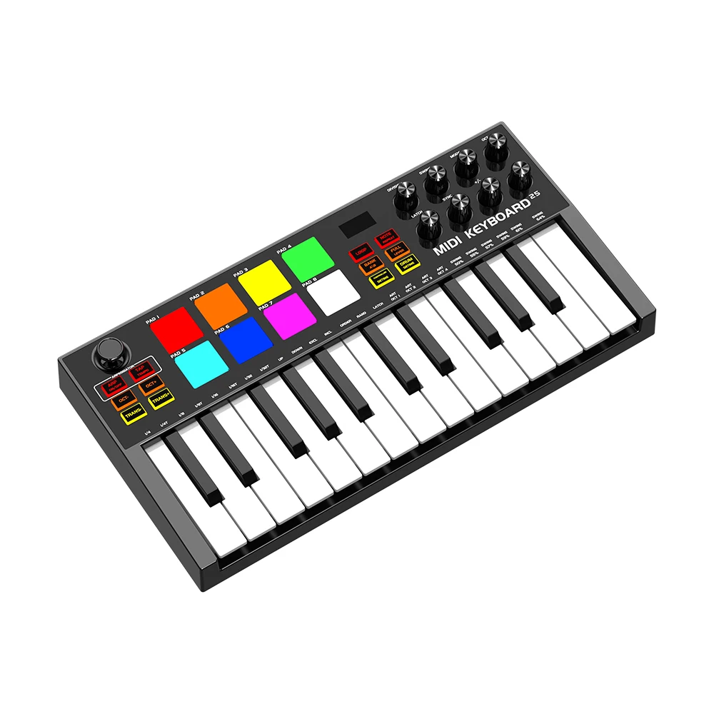 25 Keys Midi Keyboard Controller Mini Portable Beat Maker Machine with Backlit Drum Pads Velocity Sensitive