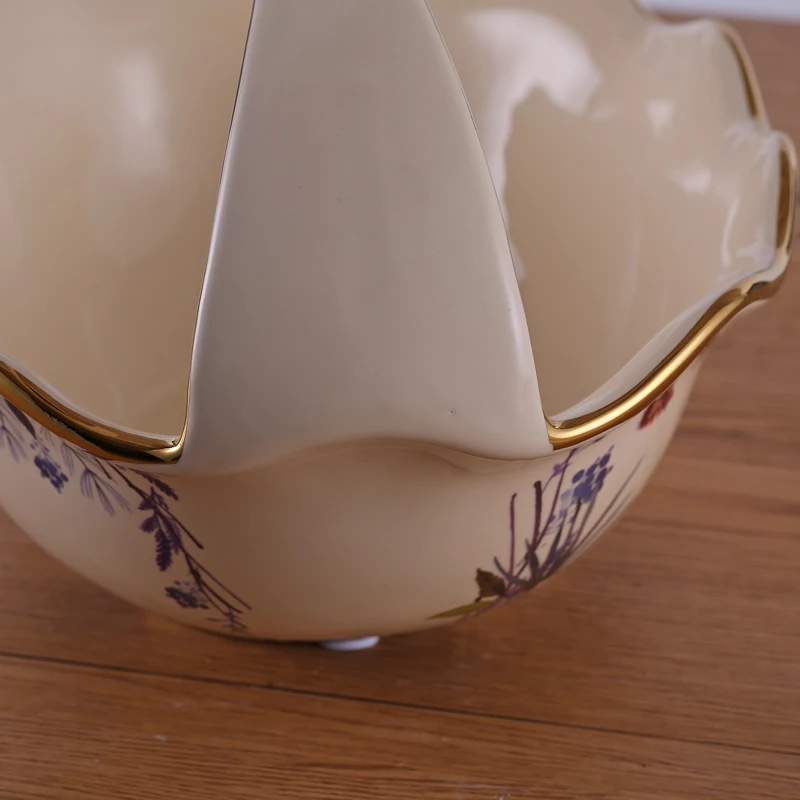 Luxury Royal unique decorative fruit bowl porcelain flower basket with handle