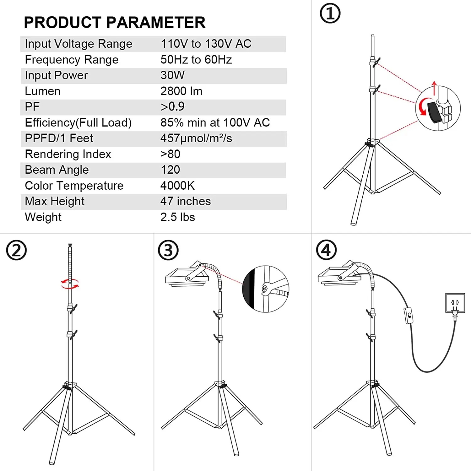 Tripod Stand Lamp ON/OFF Switch 150W LED Grow Light for Indoor Plants