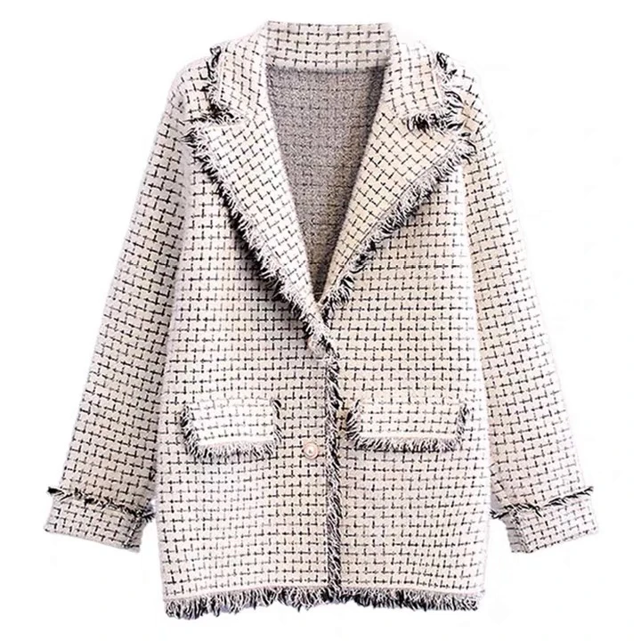 long tweed jacket with buttons fluffy cardigan suit fringe details