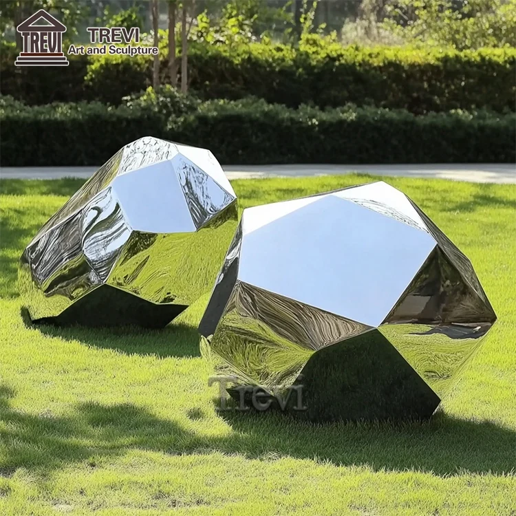 Lawn Ornament Metal Mirror Statue Stainless Steel Geometric Stone Sculpture