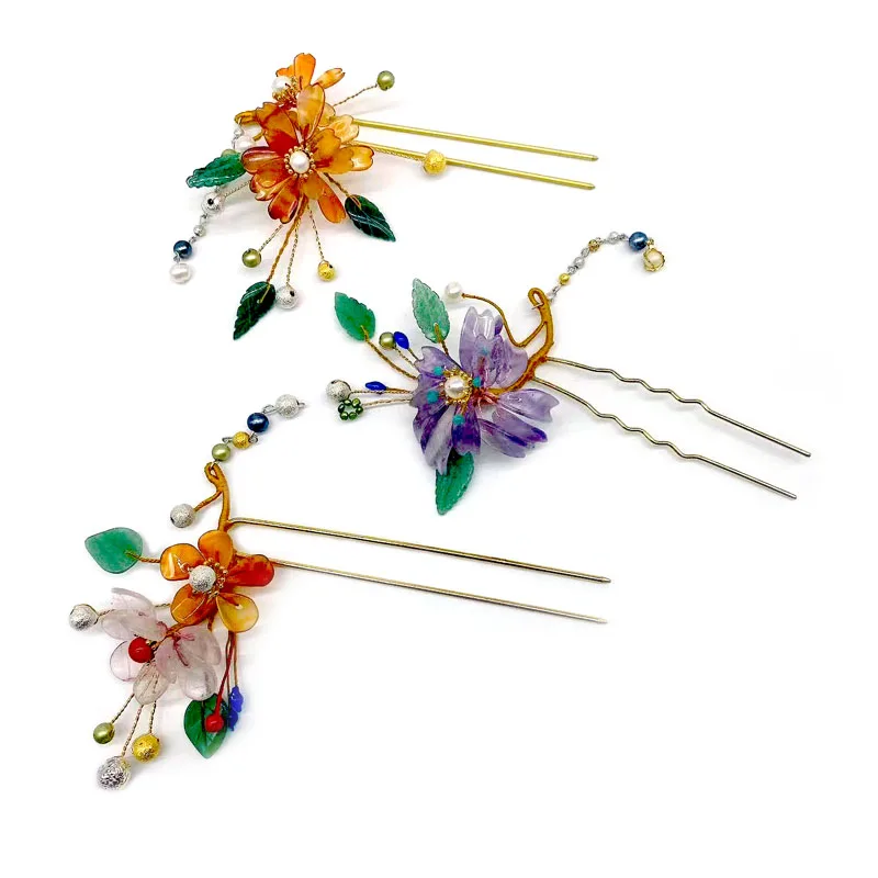 High grade rose quartz peony flower ancient style Hanfu jade hairpin