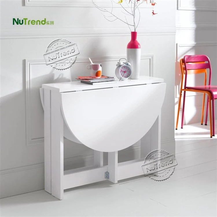 Household Wholesale White Modern Space Saving Round Kitchen Foldable Wooden Folding Dining Room Extendable Table