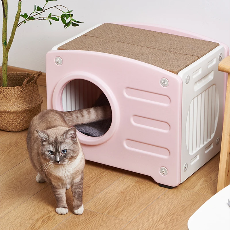 Fully-enclosed Plastic Washable Gatos Cat Villa Cage Cardboard Scratcher Optional Pet Bed House Cat Nest