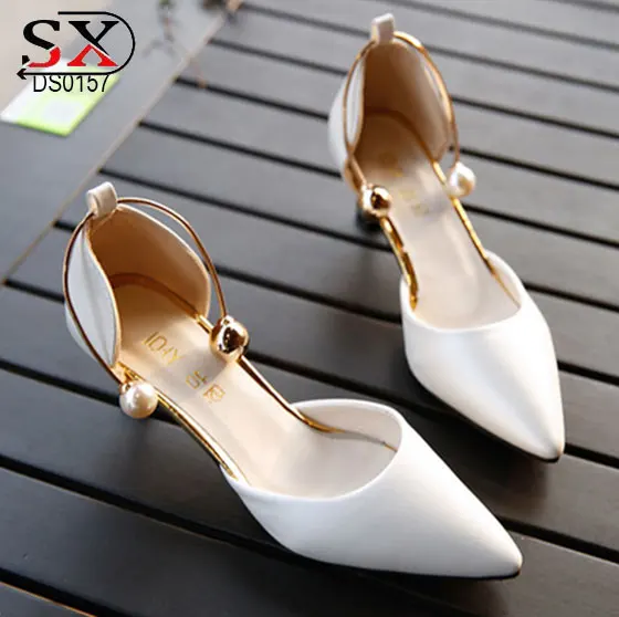 Ladies White Pointed Toe Pearls Bridal Shoes Mid Heel Block Women OL Shoes
