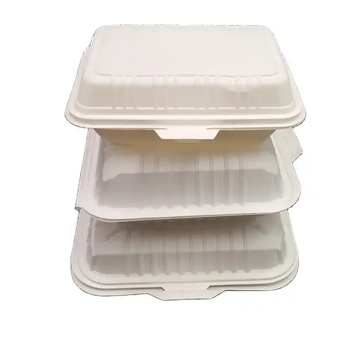 Disposable Biodegradable 1and 3 compartment Disposable Bagass Container  Sugarcane Pulp Box take away food clam shell packaging