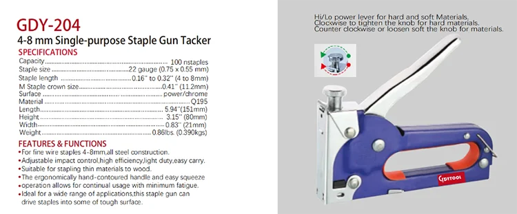 High Quality Heavy Duty Stapler, 4-8 mm Single-purpose Staple Gun Tacker Metal Stapler Hand Plier Stapler Manual tacker GDY-204