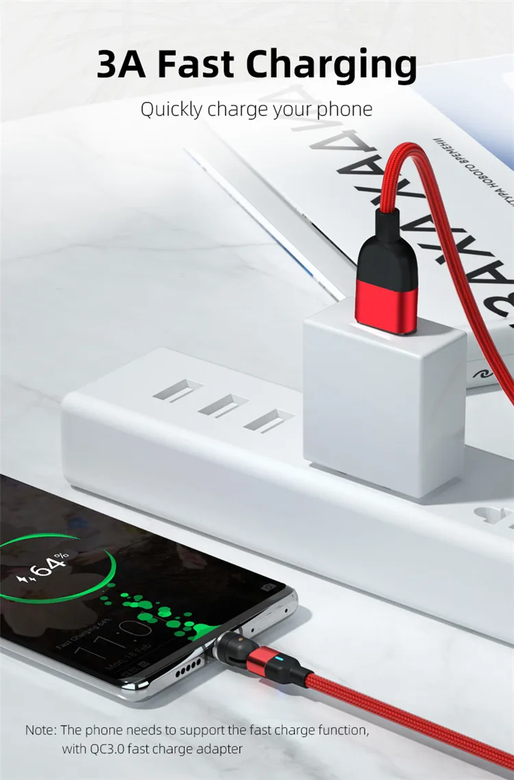 3 In 1 Magnetic Phone Cable 180 degree Rotational USB 3A Cable Quick Charge QC 3.0 Fast Charging Data Cable
