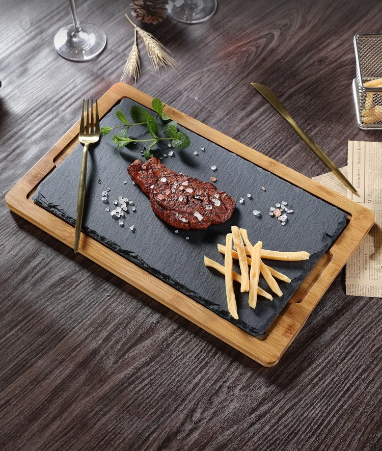 36X24cm  black slate stone trays with bamboo steak plate cold tray serving tray