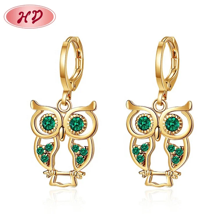 Wholesale Brass 18k Laminated Gold Color Cubic Zirconia Holiday Animal Green Owl Dorp Earrings For Women Fashion Jewelry