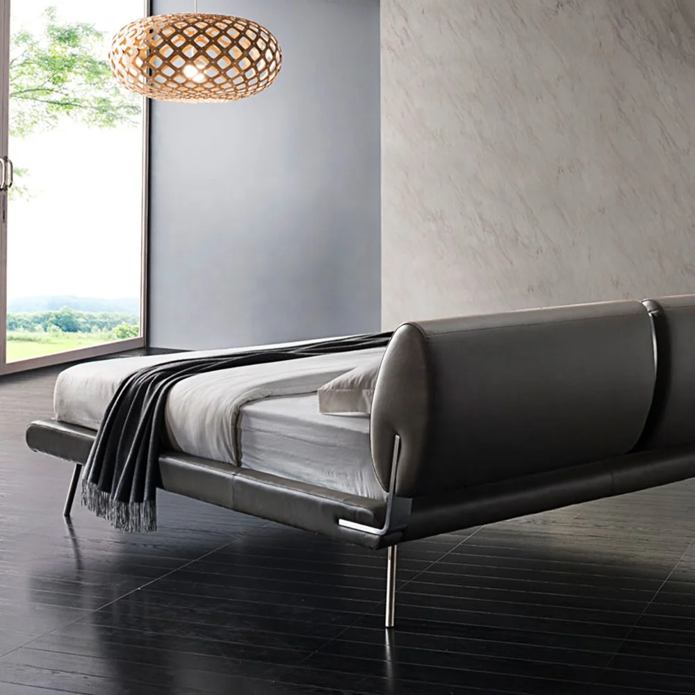 
King Size Modern Double Leather Upholstered Backrest Metal Aluminum Sheet Support Bed Frame 