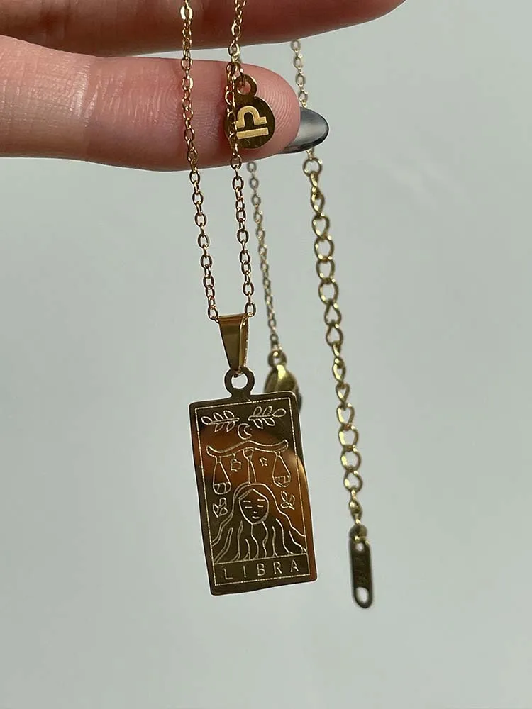 Astrology Square 12 Zodiac Tarot Card Deck Jewelry Gold Stainless Steel Zodiac Sign Pendant Necklace
