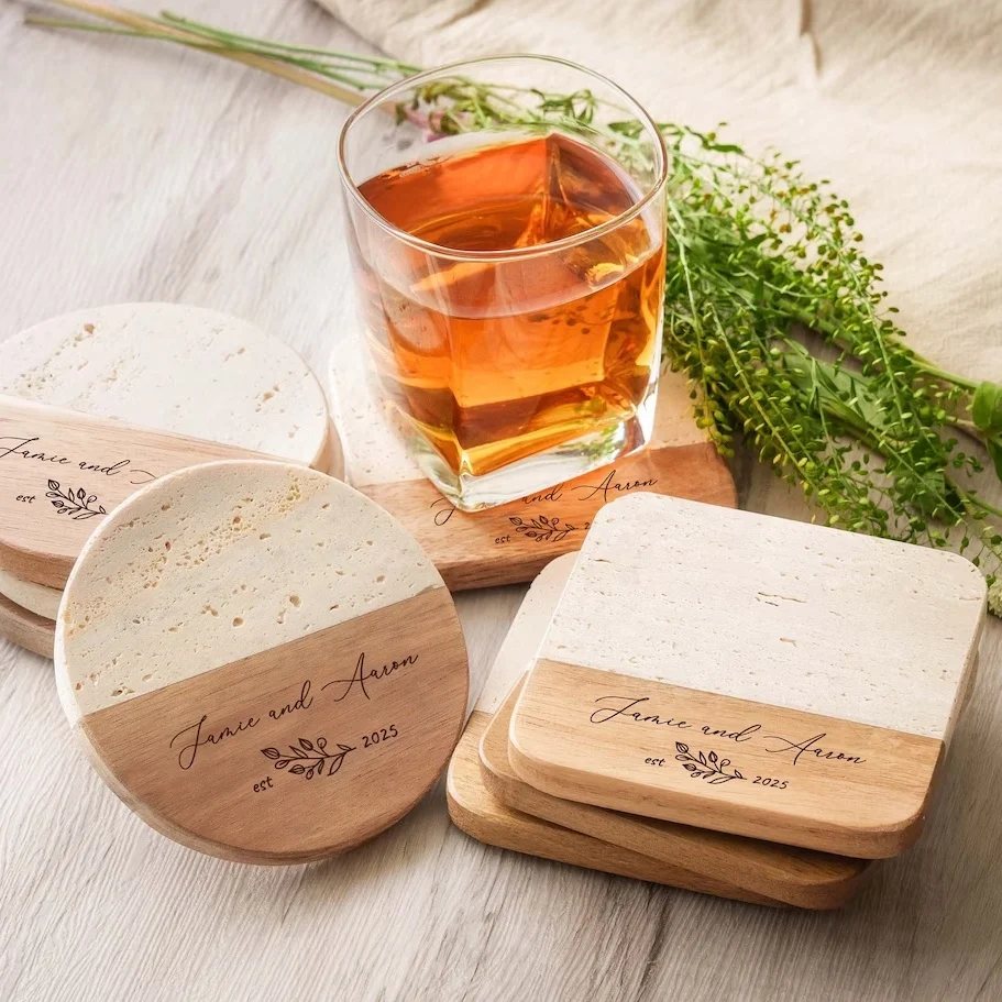 Custom Engraved Coaster Set Personalized Wood and Travertine Marble Coasters for Wedding Housewarming Holiday Gifts