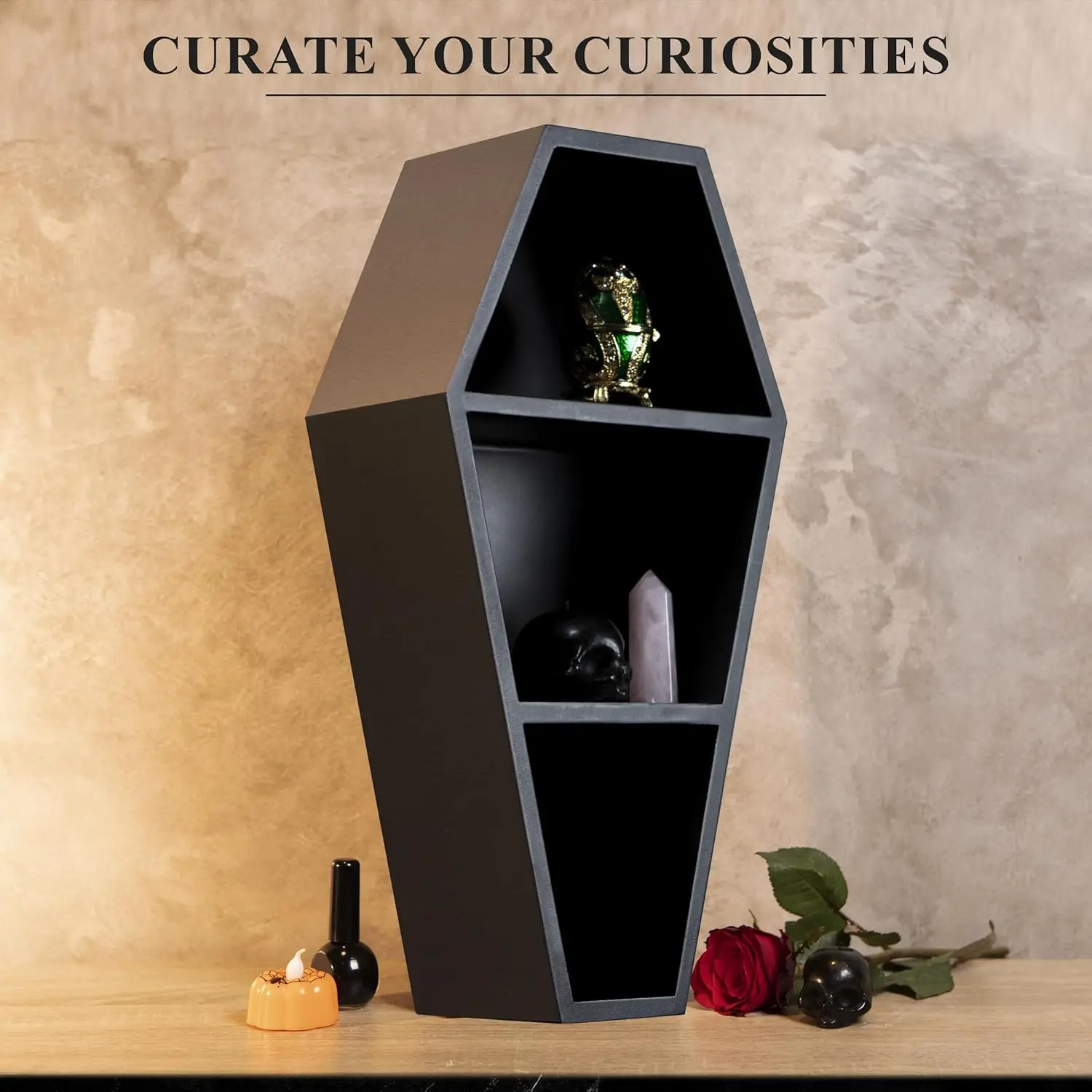 Coffin Holder with Coffin Gift Box and Ghost Accessory Set - Ghost Coffin Decoration 35.56 x 17.88 cm - Black