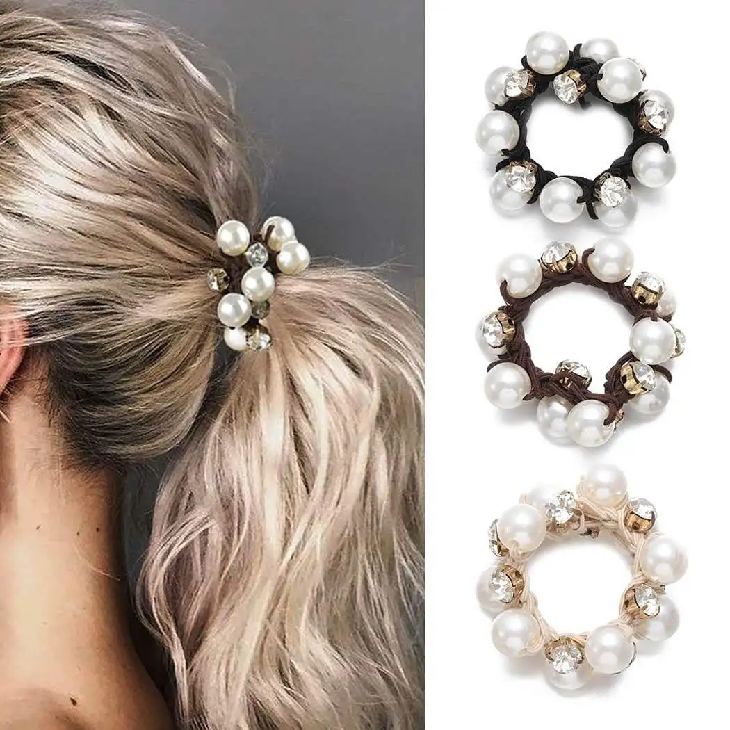 Simple high quality crystal elastic hair ties for girls korean style elegant pearl hair scrunchie