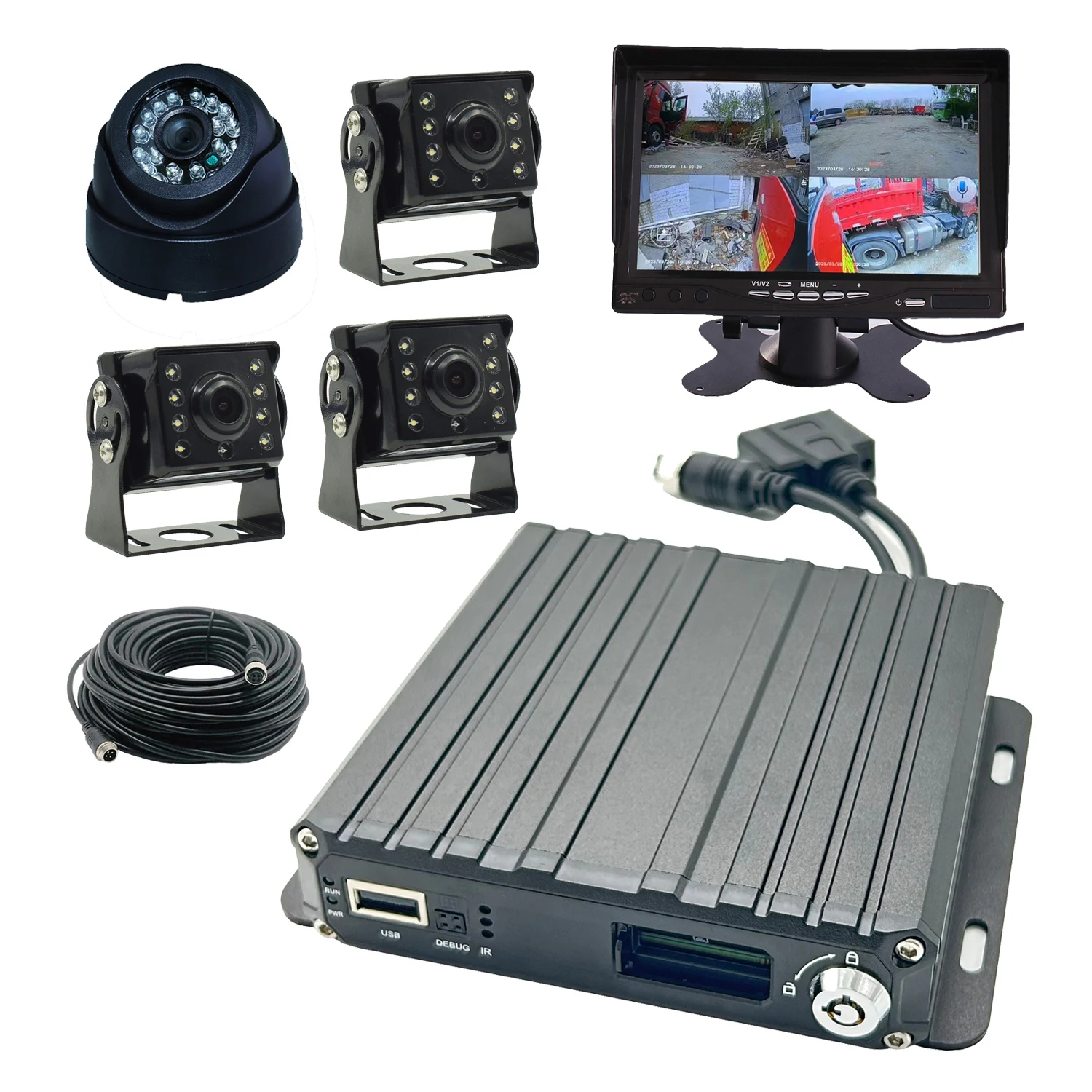 4CH video & 4CH Audio input H265 compression 1080P GPS/4G/Wifi cctv dvr with four Waterproof camera 7-inch monitor