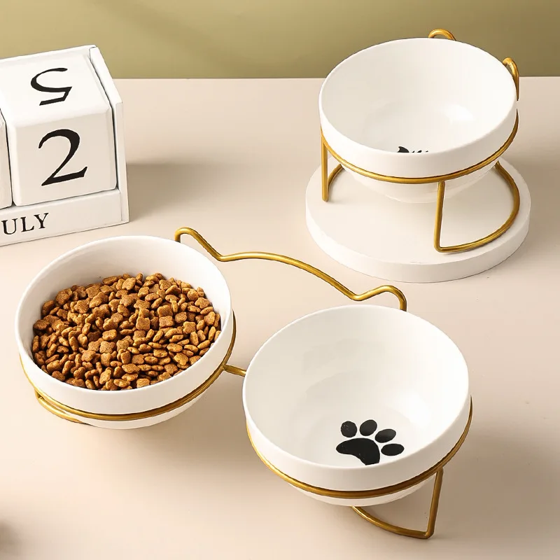 Manufacturer New Design Pet Bowl Protect The Spine Cute Cat Footprint Ceramic Cat Food Double Bowl