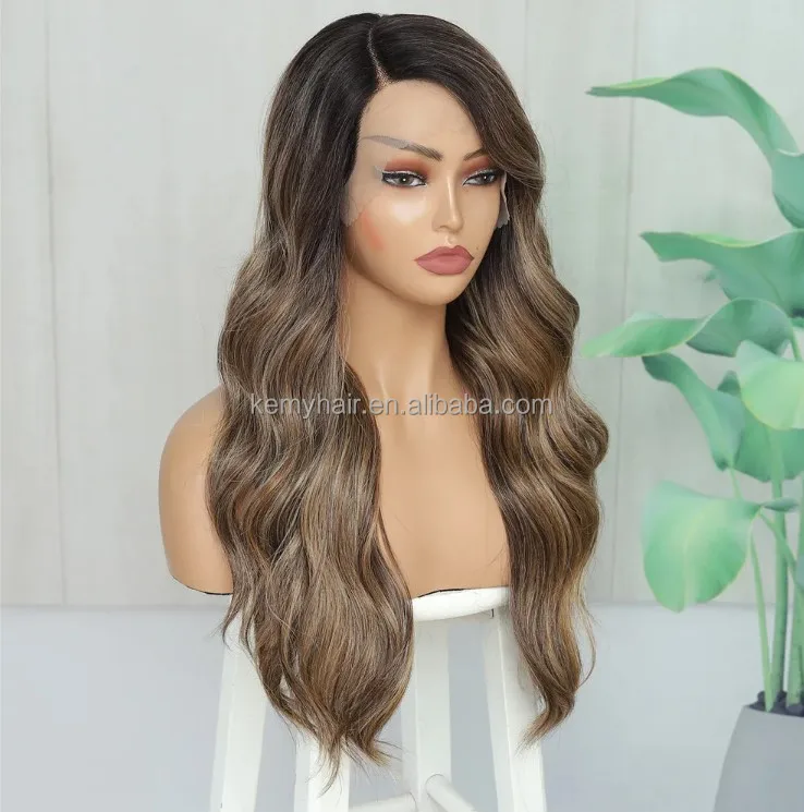 KEMY HAIR New Arrival Balayage Synthetic Wig Wholesale Long Wave High Quality L Part Lace Front for Women High Temperature Fibre