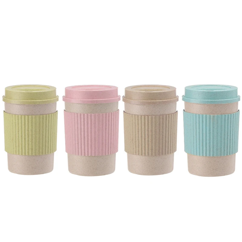 High quality Natural plant fibers mugs Amazon hot selling wheat straw fiber coffee cup set with cover and stirrer stick