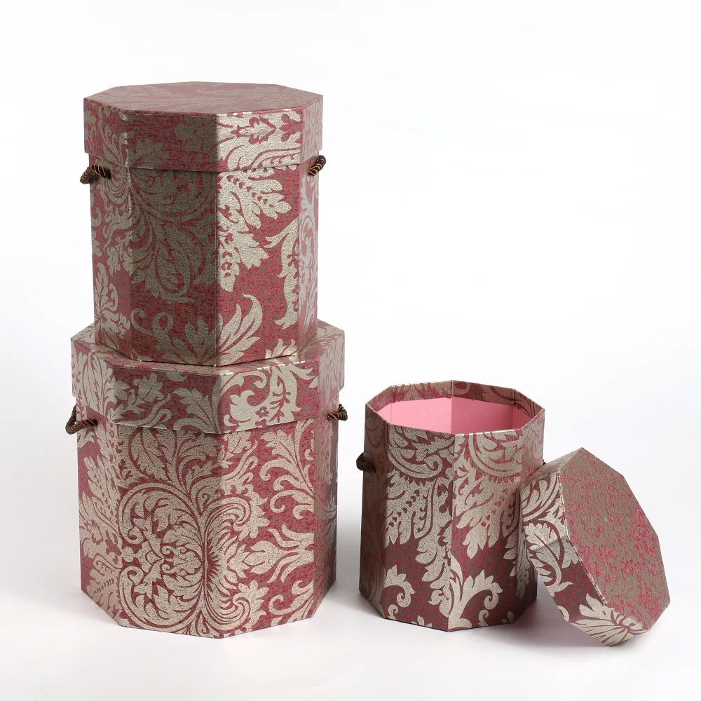 New desgin Vintage pattern three-piece octagonal box with rope flowers gift box flower Box
