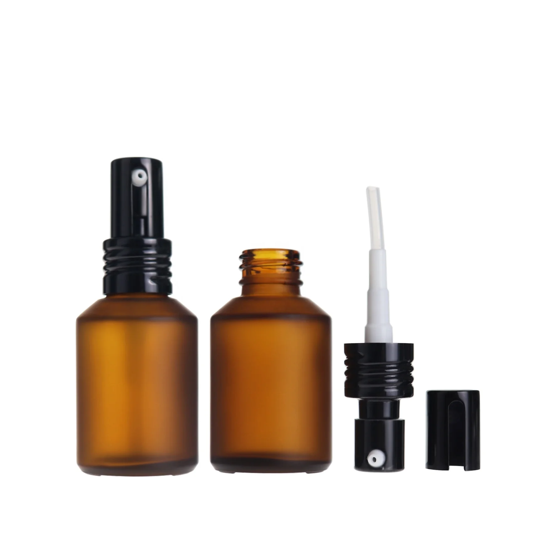 high end 30ml 1oz empty cosmetic packaging amber frosted slant shoulder serum glass bottles with golden lotion pump