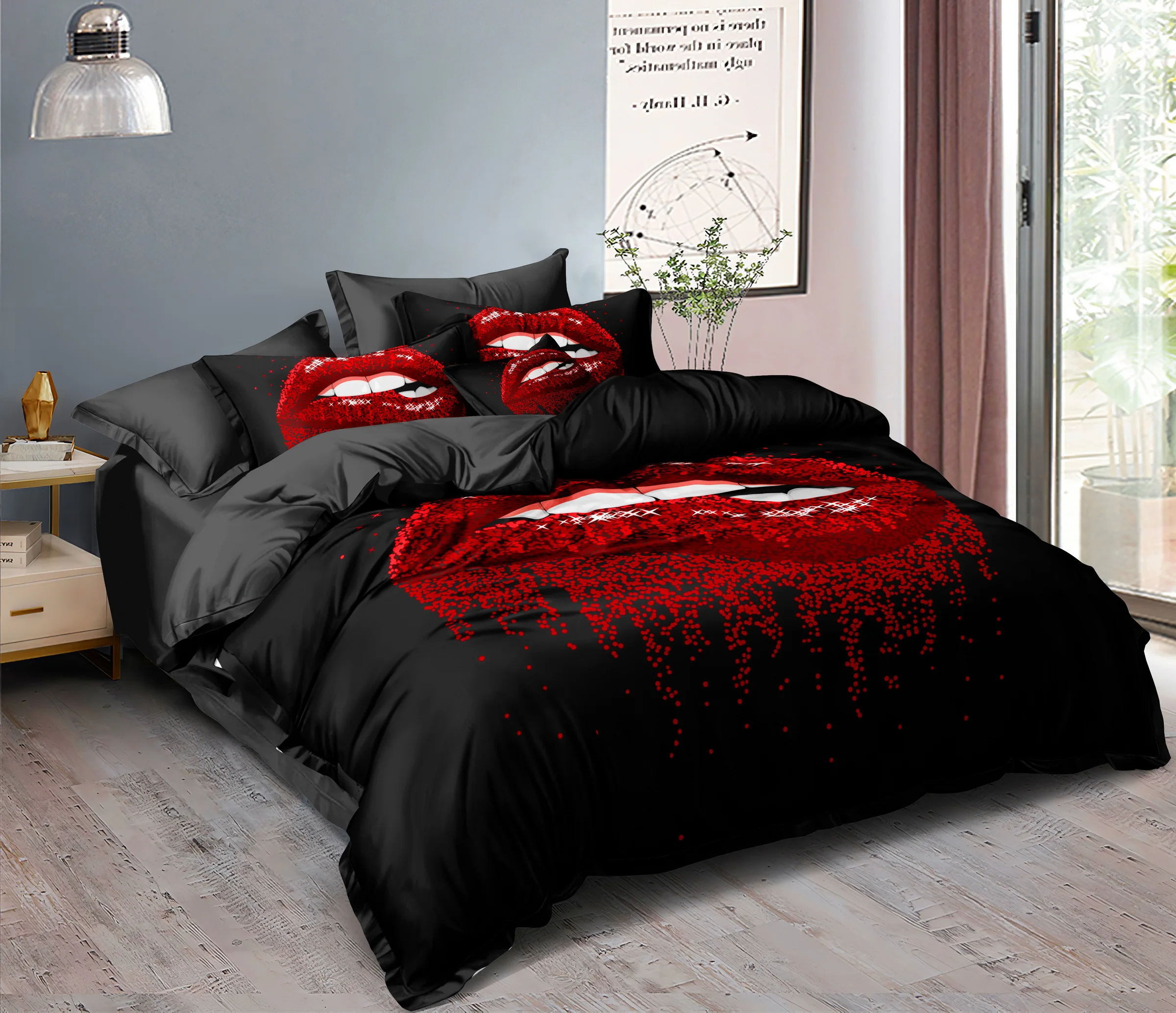 Hot sale cheap polyester 3D Digital hot red lips Printing Bedding set for Couples Lovers