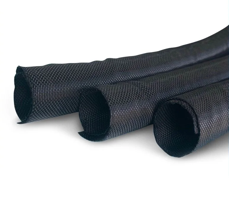 black self-closing braided wire loom / self closing cable wrap braided sleeve