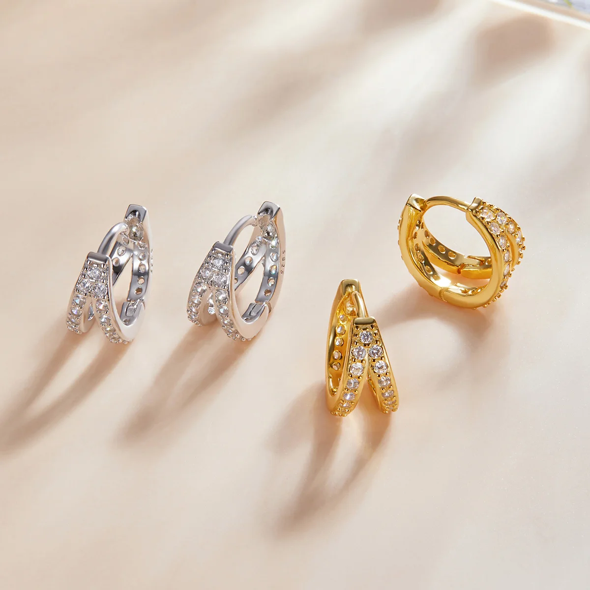 Spanish 925 Sterling Silver Modern Stylish Zircon Crystal Double Rings Ear Buckle Earrings Hoop for Women Wedding SCE1187