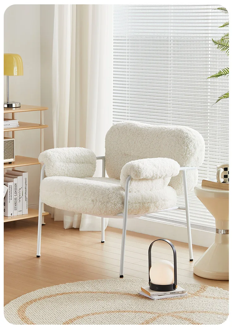 Nordic lounge leisure chair upholstery soft luxury artificial lamb wool metal leg single sofa for living bed room