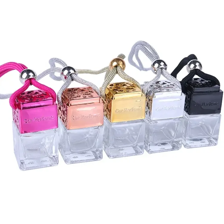 Hot Sale 8ml Mini Square Car Hanging Diffuser Fragrance Perfume Oil Empty Glass Bottles with Black Gold Sliver Cap