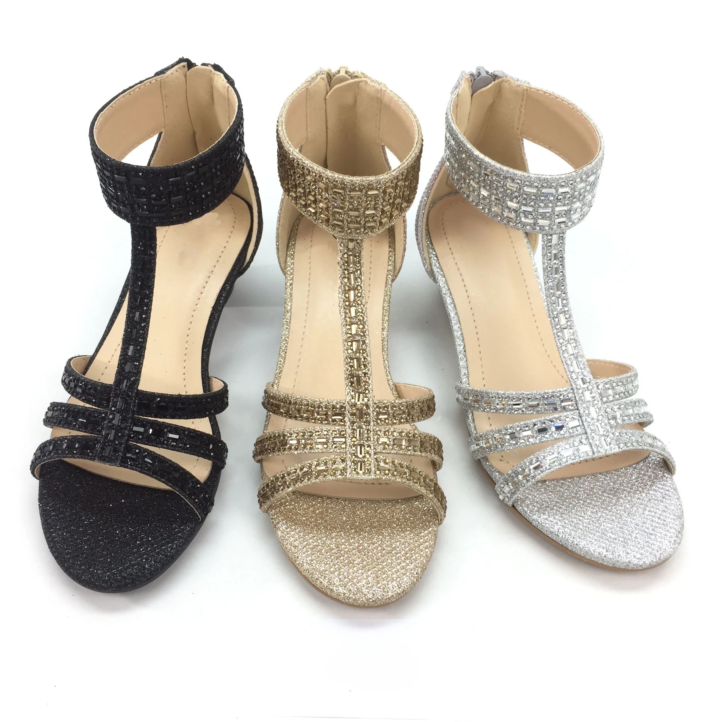 Glitter Upper Back Zipper Dressing Sandals Children Girls Kids Rhinestone Sandals