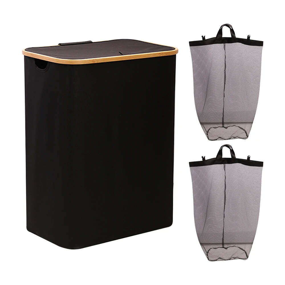 Bamboo Bathroom Laundry Dirty Clothes storage Collapsible  Basket with Lid laundry hamper with removable bag black color