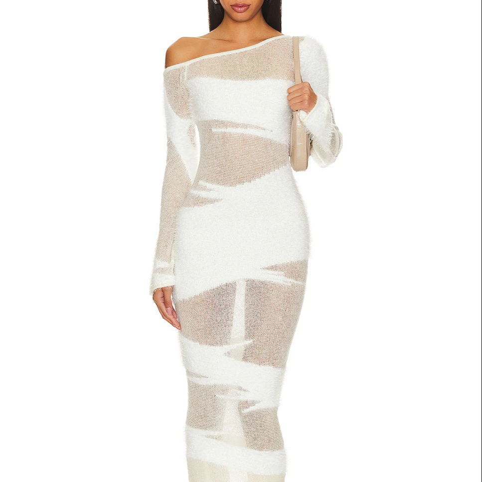 2024 весеннее модное прозрачное пикантное шерстяное мохеровое платье с длинным рукавом