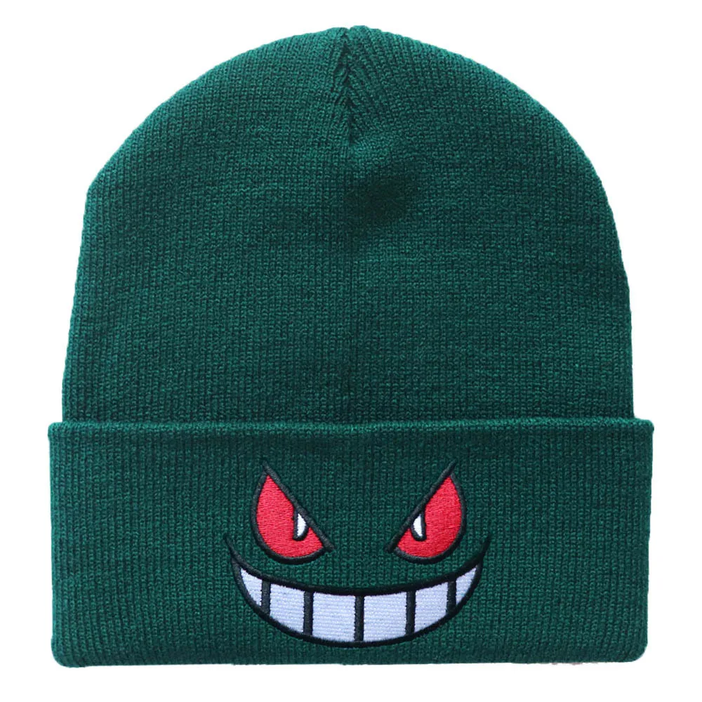 2024 Winter Funny Hats Halloween Warm Knitted Beanies Anime Cartoon Eyes Mouth Embroidery Caps For Men Hip Hop Bonnet Unisex