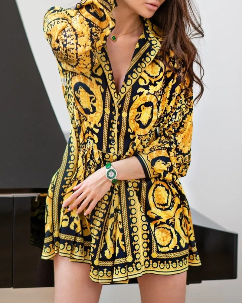 Magicmk Wholesale casual fashion women Dress Vintage Scarf Print Long Sleeve Shirt Dresses